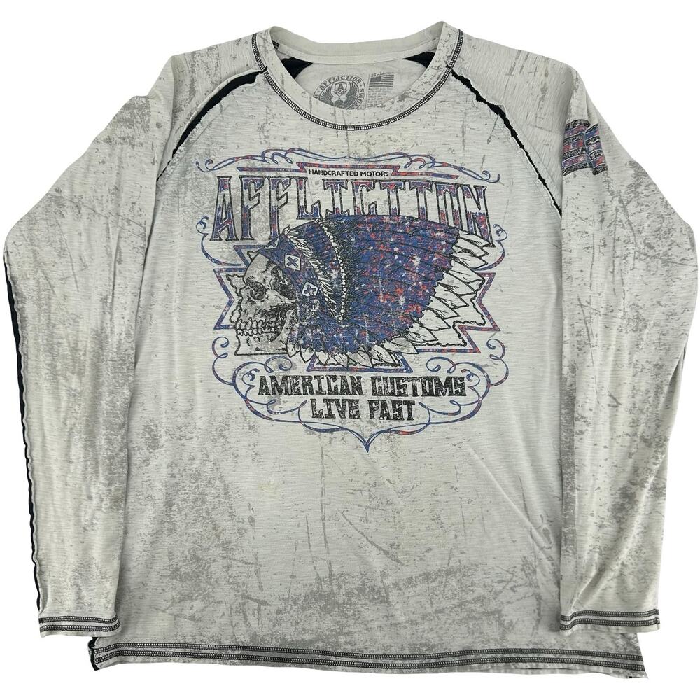 Men's White Grey Affliction American Customs Native Skull Long Sleeve Shirt 2XL